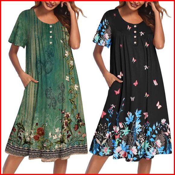 Plus Size Floral Lounge Dress with Pockets Short Sleeve House Dress